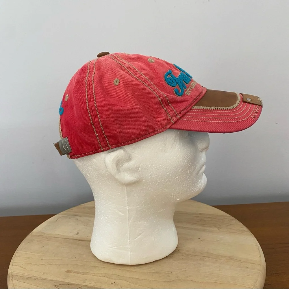 True Religion VTG The Buddha Red and Leather Distressed Hat Y2K Red Blue RARE‎